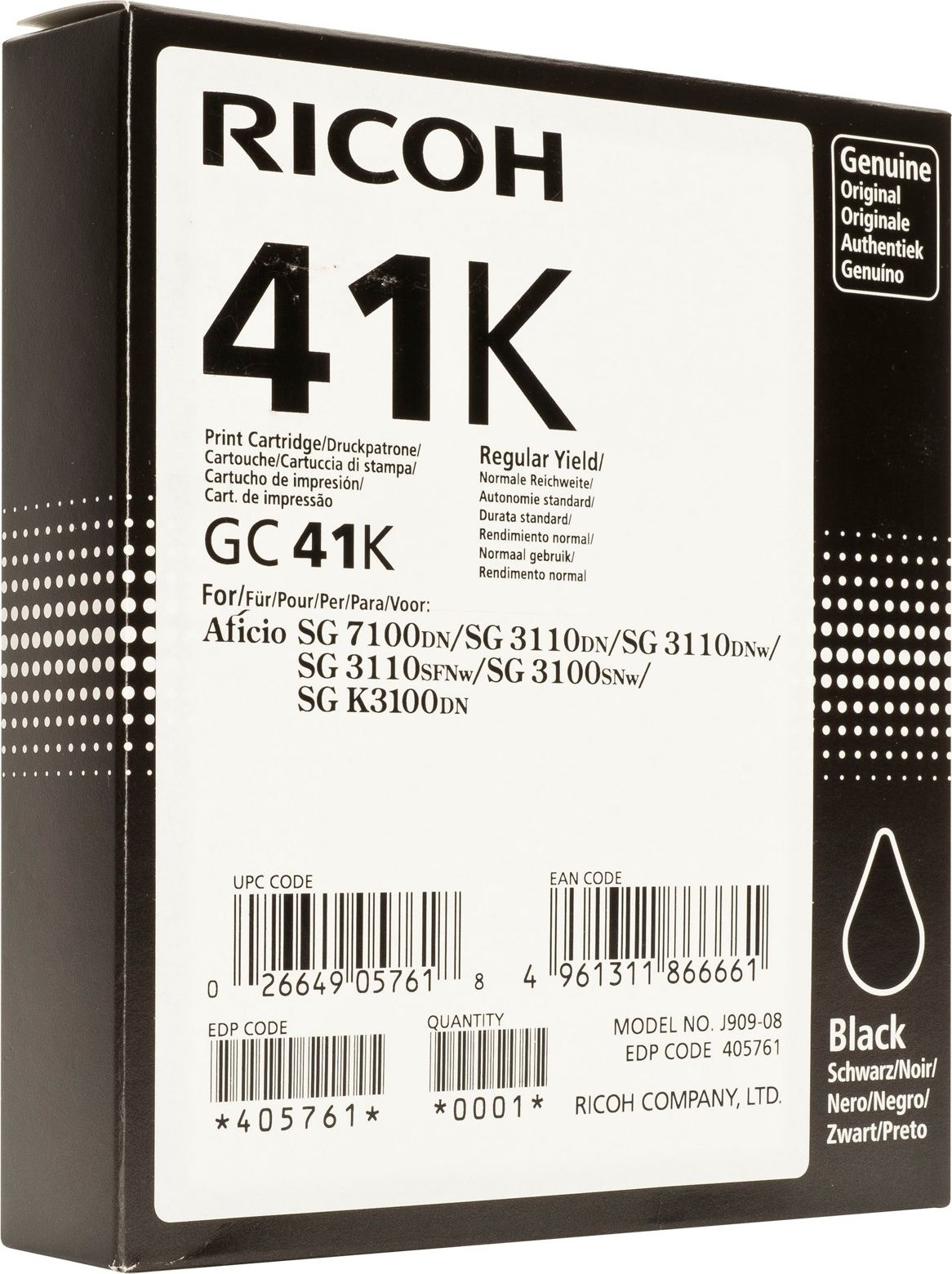 Картридж гелевого принтера большой емкости GC41000 стр. черный Ricoh Aficio 3110DN/DNw/SFNw/3100SNw/7100DN (2500стр)