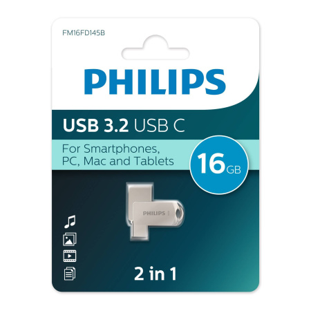 Флеш накопитель 16Gb PHILIPS 2-in-1 USB 3.2 USB C, OTG, USB 3.2/Type-C, Металл, 100 MB/s, купить в Краснодаре