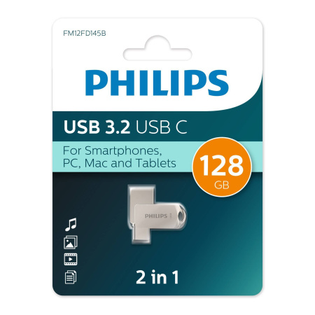 Флеш накопитель 128Gb PHILIPS 2-in-1 USB 3.2 USB C, OTG, USB 3.2/Type-C, Металл, 100 MB/s, купить в Краснодаре