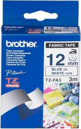 Плёнка для наклеек Brother TZE-FA3 на ткань, синий шрифт на белой основе, 12мм*8м, купить в Краснодаре