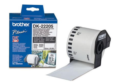Белая бумажная клеящаяся лента Brother DK22205, ширина 62 мм (неразрезанная, рулон 30,48м), купить в Краснодаре