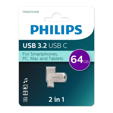 Флеш накопитель 64Gb PHILIPS 2-in-1 USB 3.2 USB C, OTG, USB 3.2/Type-C, Металл, 100 MB/s, купить в Краснодаре