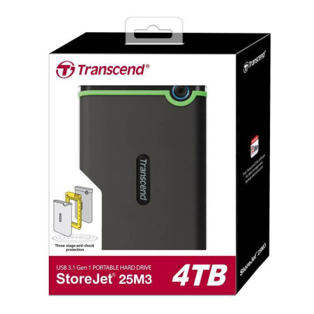 Внешний жесткий диск 4TB Transcend StoreJet 25M3S, 2.5", USB 3.1 Gen 1, резиновый противоударный, Стальной Серый, купить в Краснодаре