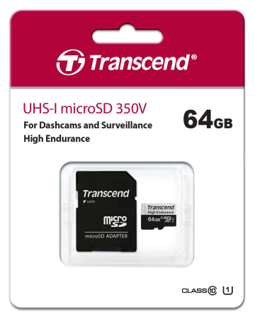 Флеш карта microSD 64GB Transcend microSDXC Class 10, UHS-I U1, High Endurance, (SD адаптер), R/W: 100/45 MB/s, 3D TLC, купить в Краснодаре