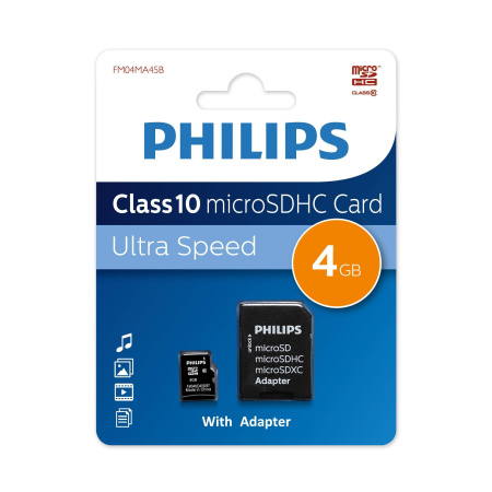 Флеш карта microSD 4GB PHILIPS microSDHC Class 10 (SD адаптер), купить в Краснодаре