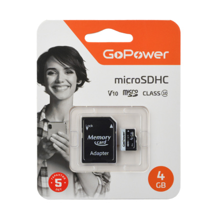 Карта памяти microSD GoPower 4GB Class10 15 МБ GoPower 4GB Class10 15 МБ/сек V10 с адаптером, купить в Краснодаре