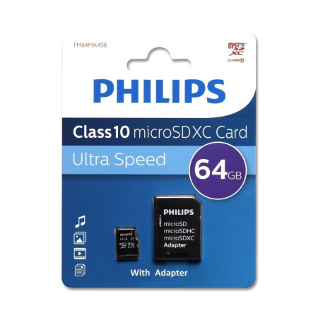 Флеш карта microSD 64GB PHILIPS microSDHC Class 10 (SD адаптер), купить в Краснодаре