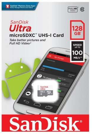 Флеш карта microSD 128GB SanDisk microSDXC Class 10 Ultra UHS-I 100MB/s, купить в Краснодаре