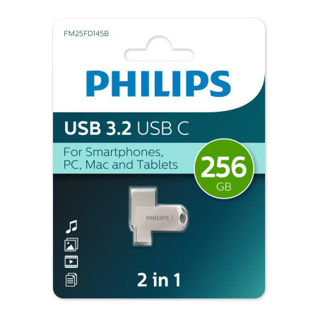 Флеш накопитель 256Gb PHILIPS 2-in-1 USB 3.2 USB C, OTG, USB 3.2/Type-C, Металл, 100 MB/s, купить в Краснодаре