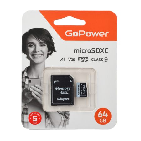 Карта памяти microSD GoPower 64GB Class10 70 МБ GoPower 64GB Class10 70 МБ/сек V30 с адаптером, купить в Краснодаре