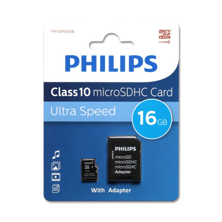 Флеш карта microSD 16GB PHILIPS microSDHC Class 10 (SD адаптер), купить в Краснодаре