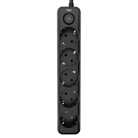 Cетевой фильтр AGNI плоский TP-FD5E-3m-black, 5 розеток Schuko, чёрный, кабель 3 метра, мощность нагрузки 4000 Вт, 16А, заземление, защита от короткого замыкания, сечение кабеля 3 х 1.5 кв.мм., размер 279x54x40 мм. AGNI TP-FD5E-3m-black, купить в Краснодаре