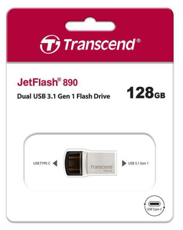 Флеш накопитель 128GB Transcend JetFlash 890, USB 3.1 Gen 1, OTG Type-A/Type-C, серебряный, купить в Краснодаре