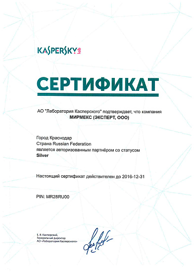 Авторизованный партнер Kaspersky со статусом Silver на 2016 год.