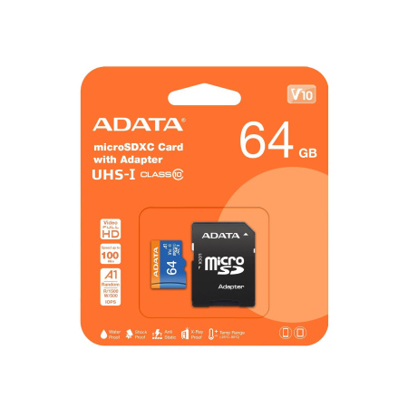 Флеш карта microSD 64GB A-DATA Premier microSDXC Class 10 UHS-I A1 V10 100/25 MB/s (SD адаптер), купить в Краснодаре