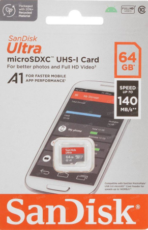 Флеш карта microSD 64GB SanDisk microSDXC Class 10 Ultra UHS-I U1 A1 140MB/s, купить в Краснодаре