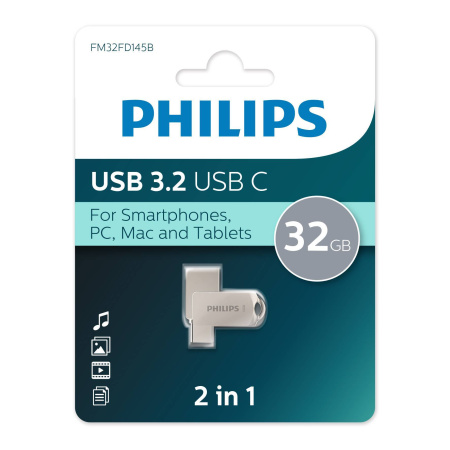 Флеш накопитель 32Gb PHILIPS 2-in-1 USB 3.2 USB C, OTG, USB 3.2/Type-C, Металл, 100 MB/s, купить в Краснодаре