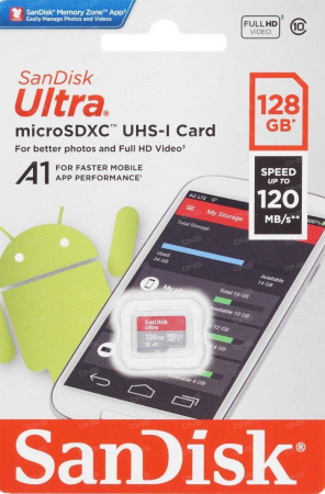 Флеш карта microSD 128GB SanDisk microSDXC Class 10 Ultra UHS-I U1 A1 140MB/s, купить в Краснодаре