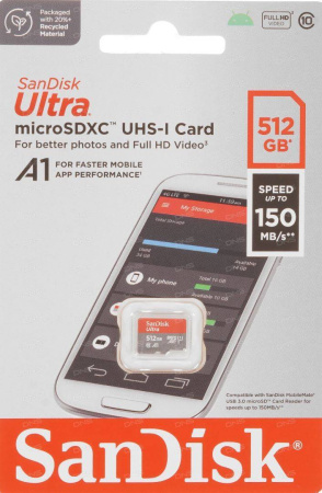 Флеш карта microSD 512GB SanDisk microSDXC Class 10 Ultra UHS-I U1 A1 150MB/s, купить в Краснодаре