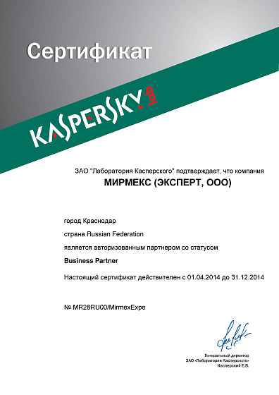 Официальный партнер Kaspersky 2013-2014 год